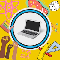 a yellow background with a laptop and other objects
